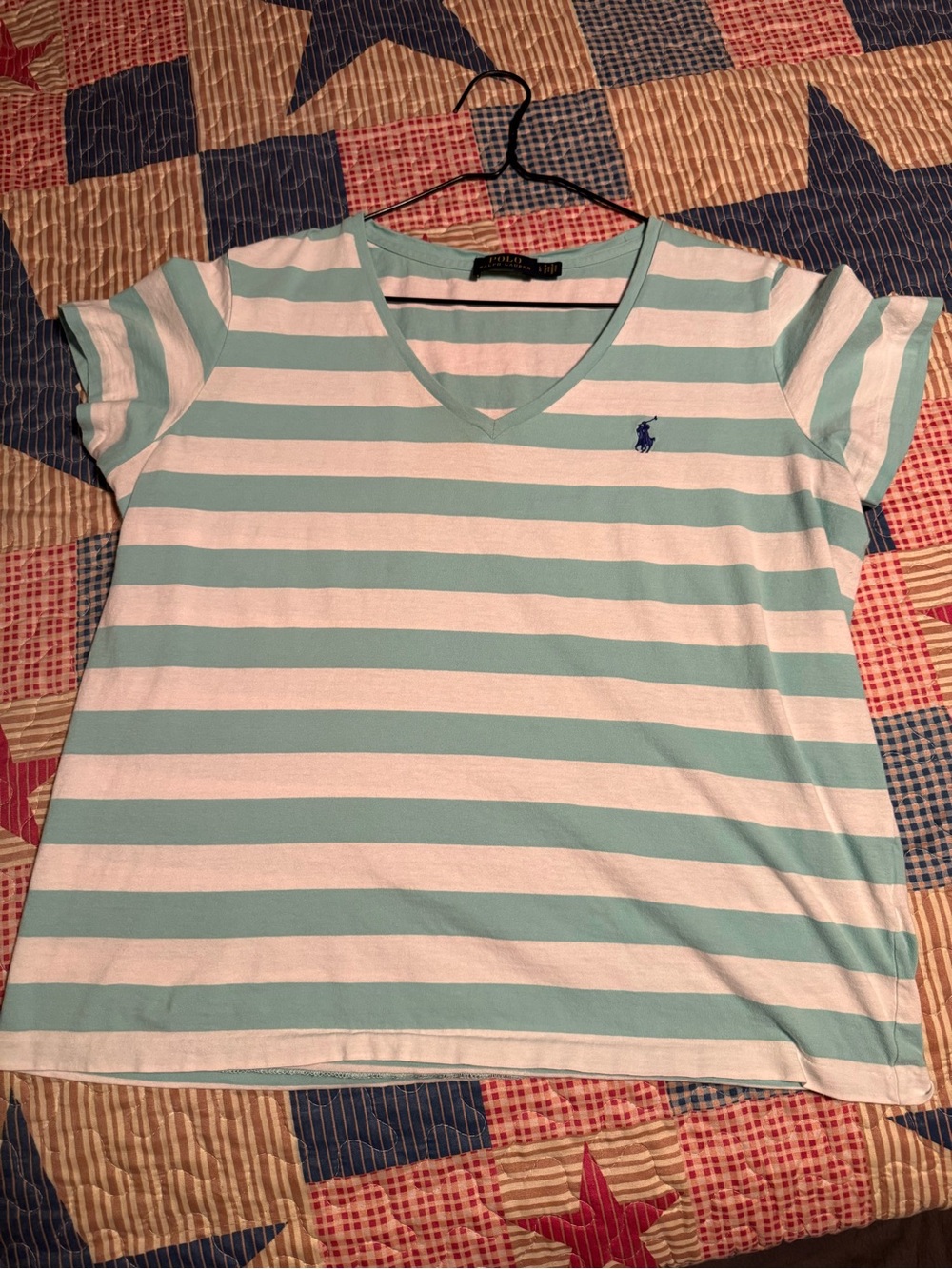 Ralph Lauren Women's Mint Green & White Striped V-Neck Tee